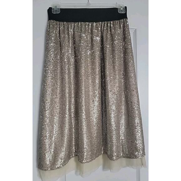 FREE PEOPLE Gold Taupe Flashing Lights Sequin Mesh Hem A-Line Midi Skirt‎ EUC - Picture 1 of 8